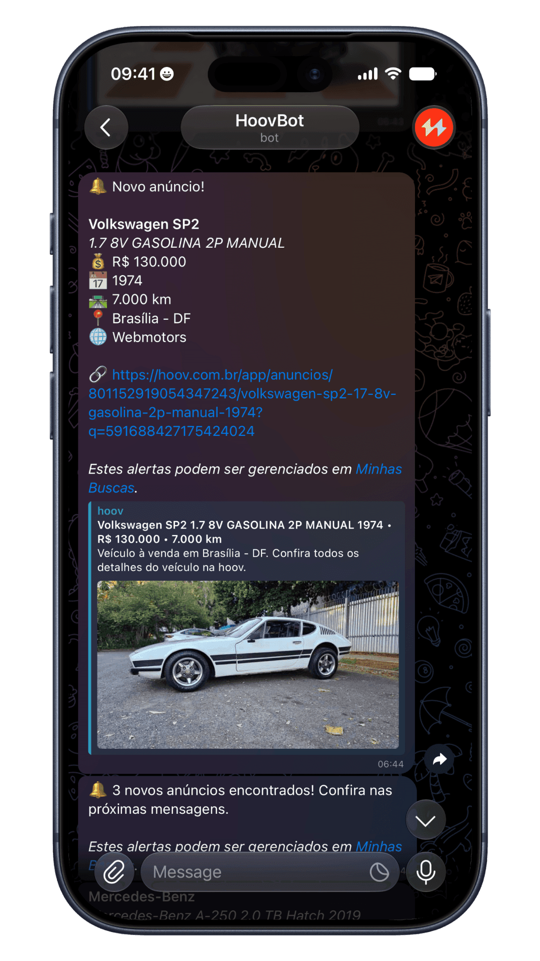 Alerta da hoov para um Volkswagen SP2 1974 com apenas 7 mil km rodados